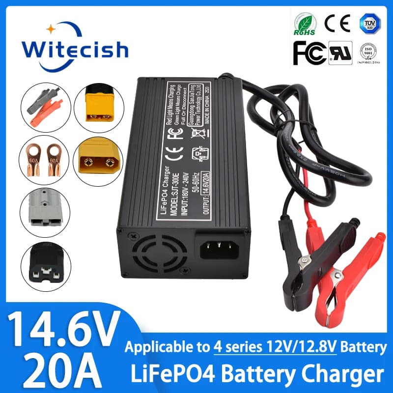 Smart Charger 4S 12V 12.8V 20A for Lifepo4 Quick Charger 14.6V 20A for LIFEPO4 Battery Pack with Clip/XT60/XT90 Spina
