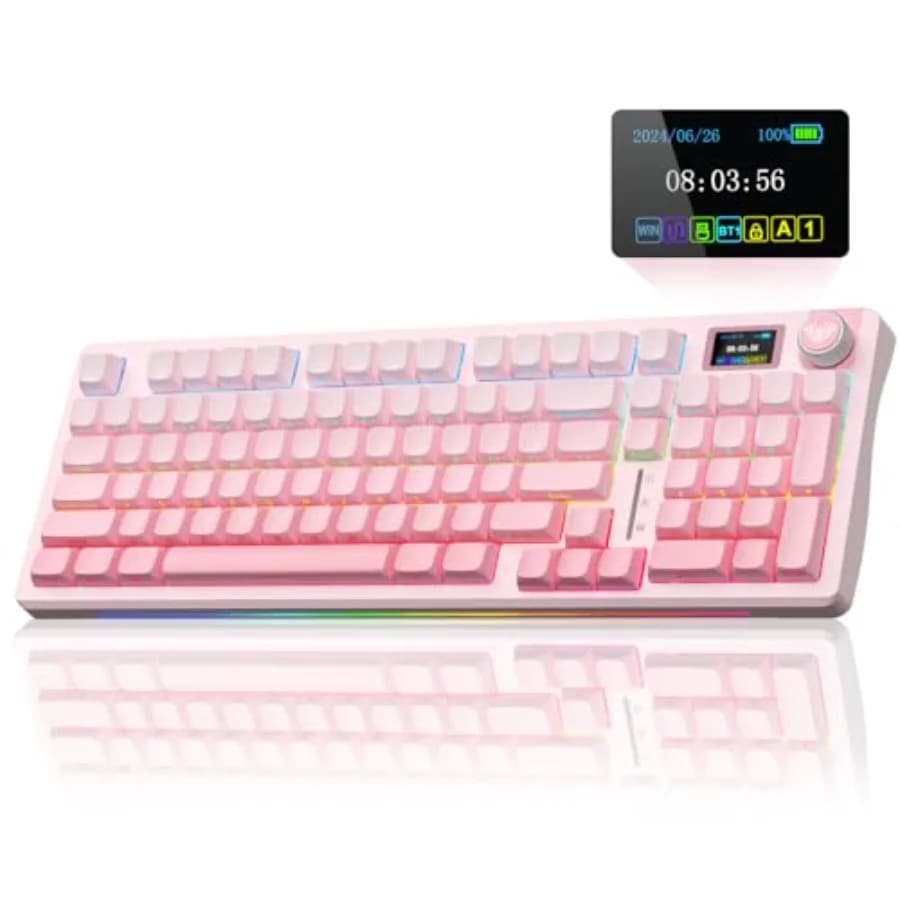 Tastiera meccanica wireless da gaming con schermo OLED, manopola, keycap in PBT rosa crema, switch lineari pre-lubrificati, retroilluminazione RGB, 2.4GHz