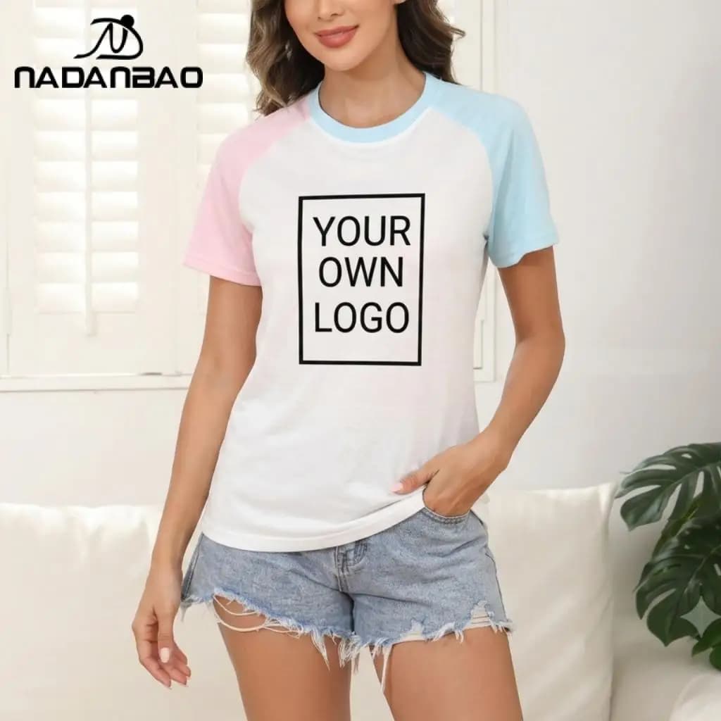 Nadanbao Customized Your Picture Pink Blue Women's T-shirt DIY Raglan Short Sleeved Shirt Custom Summer Casual Loose Top