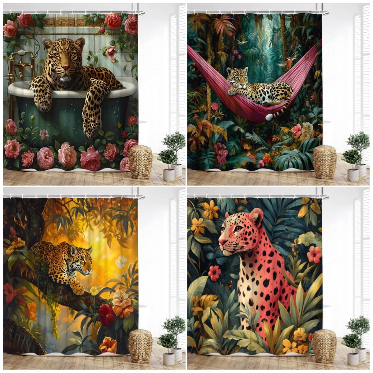 Tende da doccia con leopardo della giungla tropicale, animali selvatici, piante verdi, decorazioni moderne in tessuto per il bagno di casa, con ganci