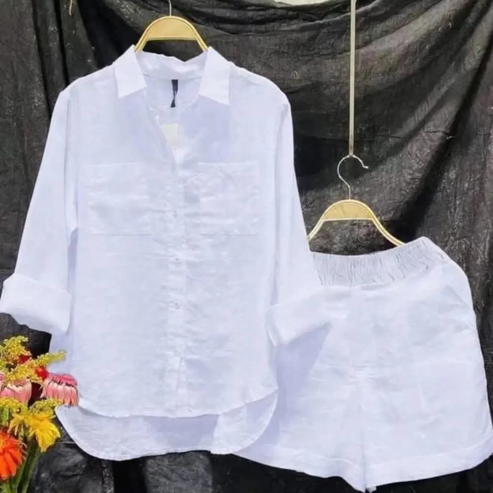 2025 Camicia da donna Pantaloncini Set Allentato Orlo irregolare Risvolto Camicia a maniche lunghe Top Elastico in vita Pantaloncini a gamba larga Abito estivo femminile