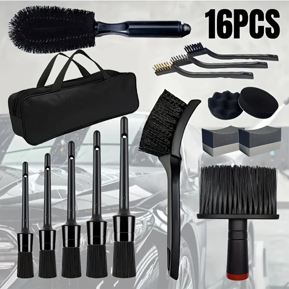 16Pcs Car Washing Brush Tool Kit Steel Brushes Wheel Brush Cleaning Brushes With Storage Bag Uses For Auto Exterior Hub Cleaning