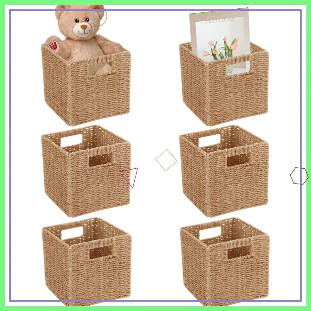 Set di 6 Cesti in Vimini da 22 cm, Cubi Portaoggetti Intrecciati a Mano in Corda di Carta, Organizer Pieghevole per Scaffali e Dispensa