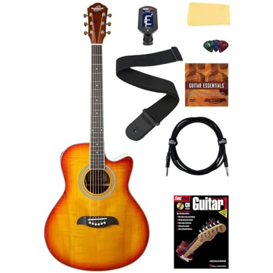 OA10CE Mini Auditorium Chitarra Acustica-Elettrica in Acero Spalted con Finitura Nera Include Cavo Accordatore Tracolla Plettri Istruzioni