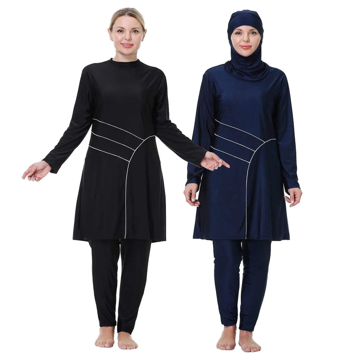 H1029 Costume da Bagno Musulmano per Donne, Copertura Completa, Maniche Lunghe, Burkini in Tre Pezzi, Taglie Plus