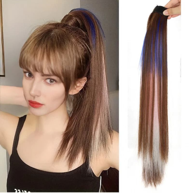 Women's wig Velcro straps, ponytail with highlights gradient colors, realistic and natural, easy to wear, long straight
