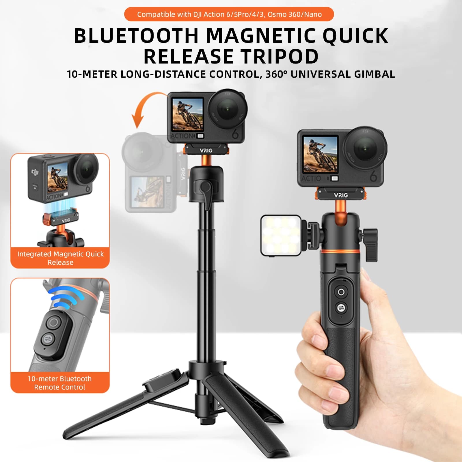 VRIG 21" Bluetooth Magnetic Selfie Stick for DJI Osmo Action 6/5 Pro/ 4/ Osmo 360 Camera Quick-Release Tripod for Mic Light Vlog