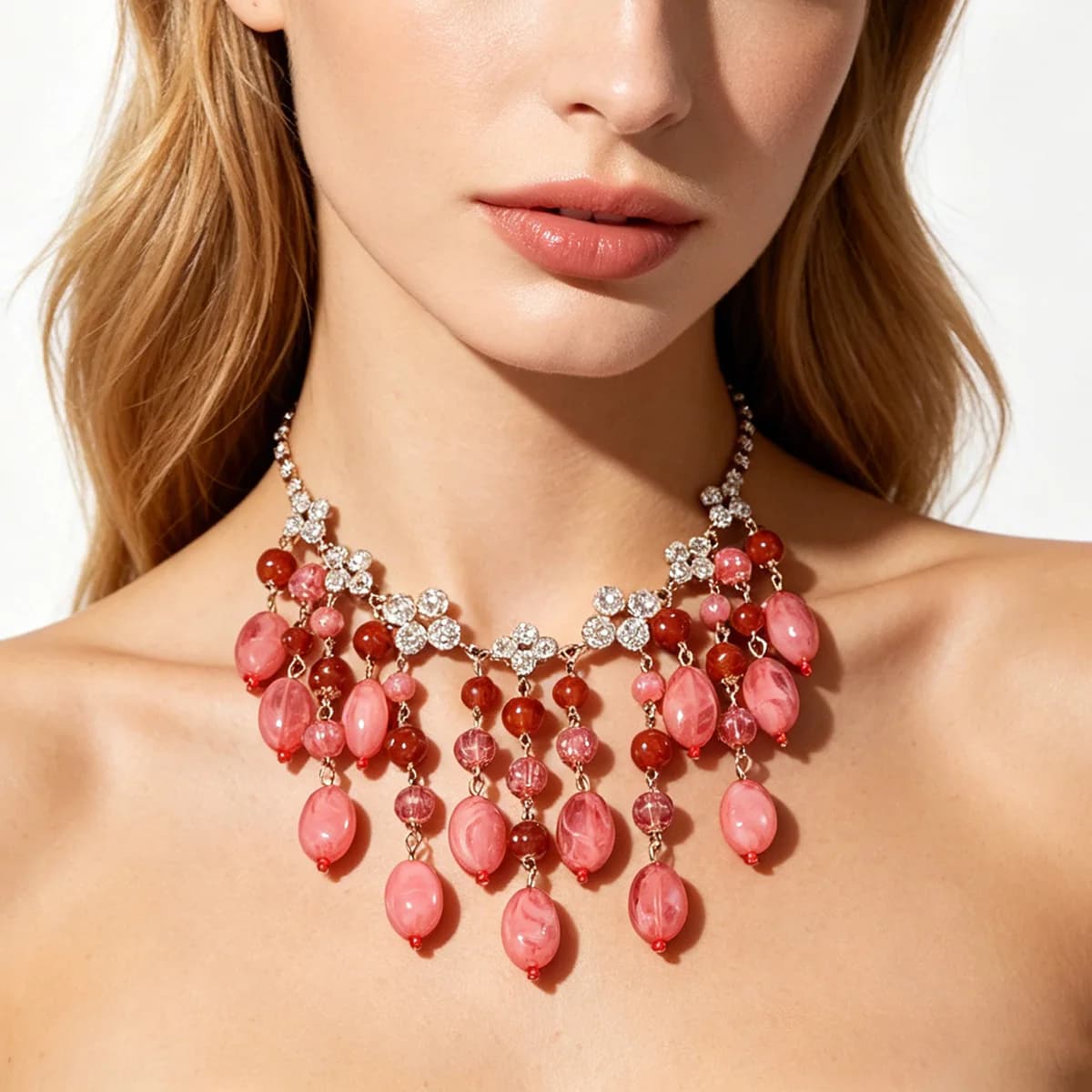 Collana Trendy con Perline a Goccia Rosa e Rosse, Dettagli in Cristallo, Elegante Gioiello da Sera e da Sposa per Donne