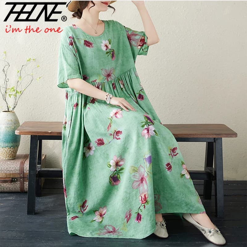 Summer Woman Dress Cotton Linen Vestidos Plus Size Casual Maxi Print O Neck Robe Para Mujer Bohemian Floral Loose Oversized
