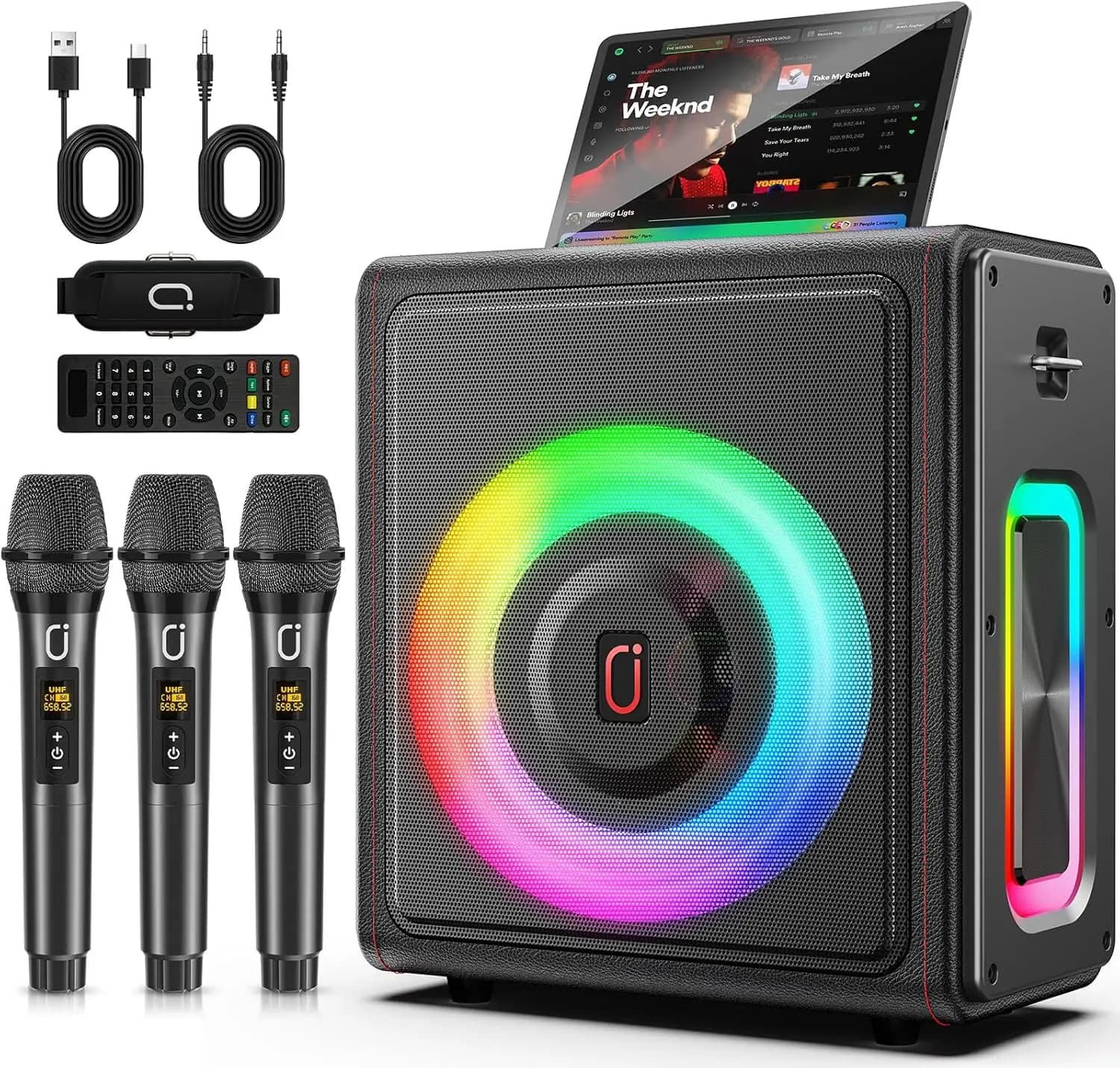 Macchina per Karaoke con 3 Microfoni Wireless, Altoparlante Bluetooth, Controllo Eco e Tono, Luci RGB per Feste in Casa