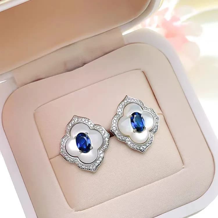 S925 Sterling Silver Ring Necklace Earrings Light Luxury Clover Fritillary Pendant Blue Tip Crystal Jewelry Set For Women Girls
