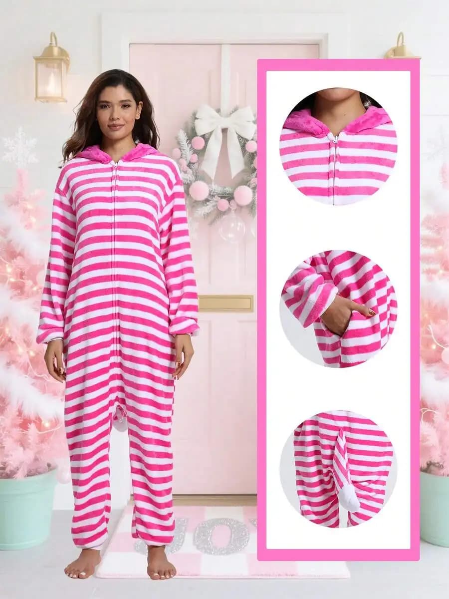 Adult Pink White Striped Fleece Hooded Onesie Pajamas Zipper Front Cozy Loungewear