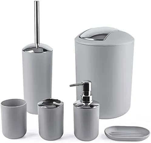 Set da Bagno Grigio 6 Pezzi - Portaspazzolino, Bicchiere, Dispenser Sapone, Portasapone, Scopino WC, Cestino, Cannuccia per Bicchiere