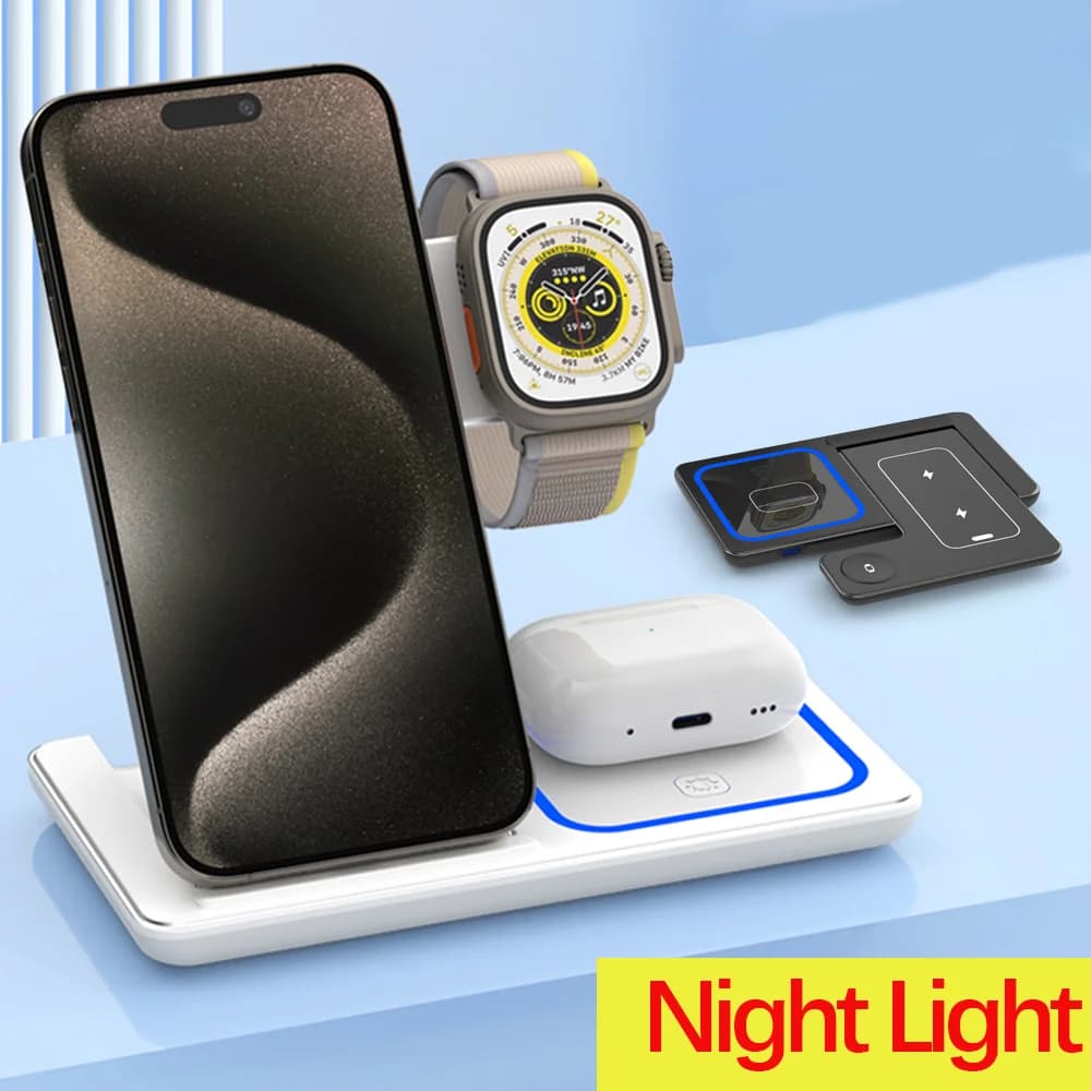LED Fast Wireless Charger Stand 3 in 1 Foldable Charging Station For iPhone17/16/15/14Apple Watch 9 8 7 6 5 Airpods Pro