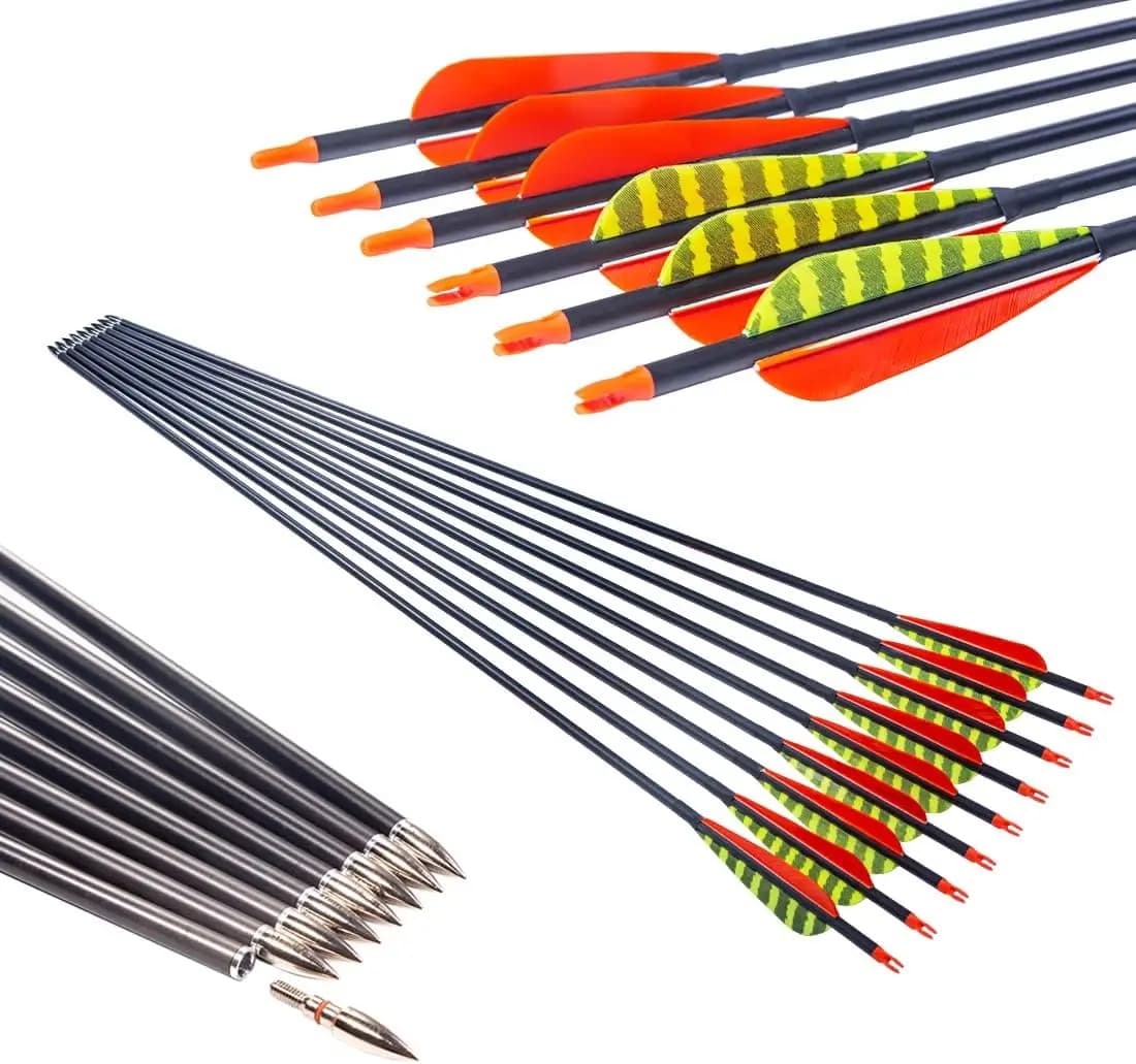 Frecce Tradizionali in Carbonio con Piume, Spine 300-700, Lunghezza 30-32 Pollici, per Tiro con l'Arco Ricurvo, Compound e Longbow, Caccia e Tiro al Bersaglio, 12 Pezzi