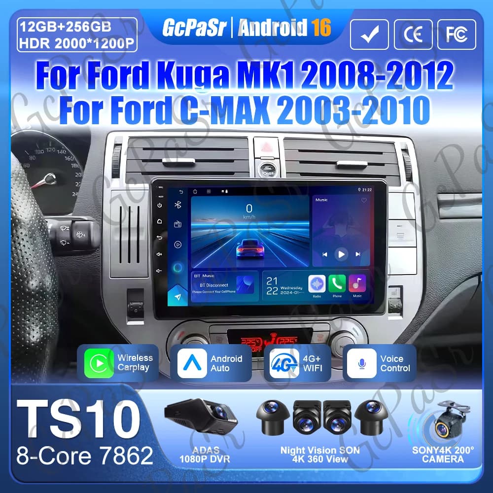 Android 16 Per Ford Kuga MK1 2008-2012 Per Ford C-MAX CMAX 2003-2010 Autoradio GPS 2k Schermo Carplay 4G Wifi Stereo Video DSP BT