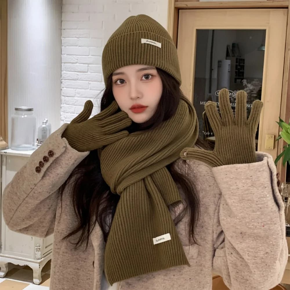 New Red Hat Scarf Gloves Set Warm Cotton Ear Protection Knitted Woolen Cap New Year Thickened Winter Beanie Hats Christmas Gift