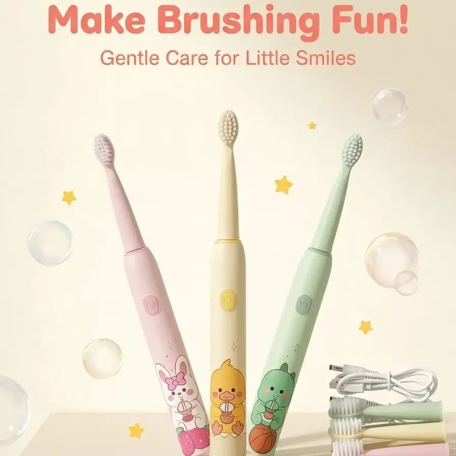 Children's sonic electric toothbrush, USB rechargeable electric toothbrush for children with cute cartoon design, DuPont Antibact