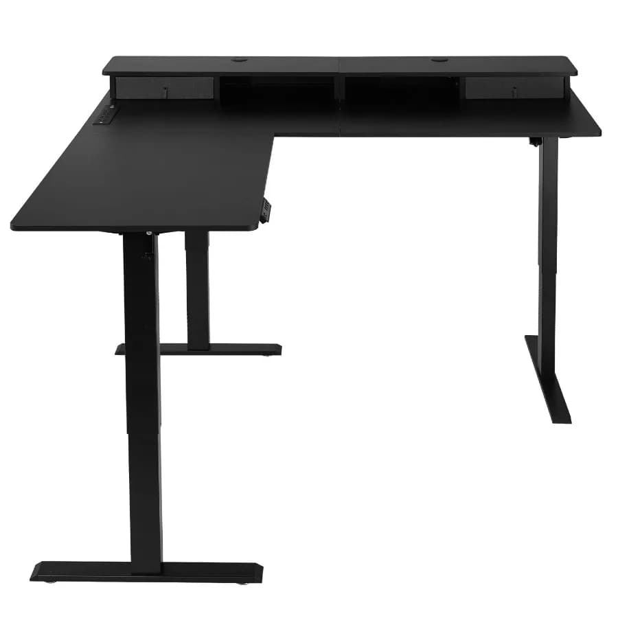 Scrivania a L Elettrica Regolabile in Altezza, Scrivania da Gaming ad Angolo con Supporto CPU, Doppi Ganci e Cassetti in Tessuto, Nera