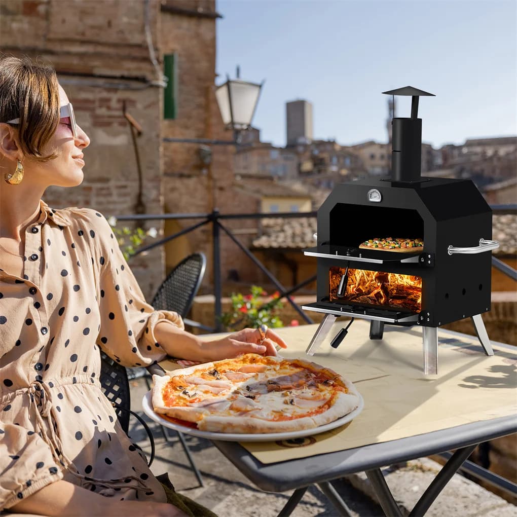 Forno per pizza da esterno Forni per pizza a 2 strati a legna Macchina per pizza esterna con pietra, griglia da cucina rimovibile per il campeggio nel cortile