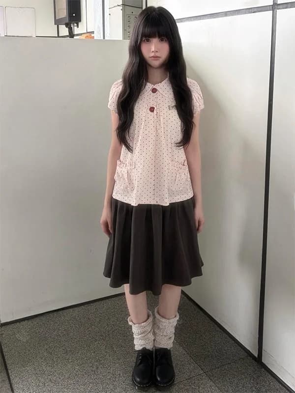 Korean Style Slim Fit Short Sleeve Shirt Women's Summer Fashion Doll Collar Pink Top College Style Straight Cut Bubble Sleeve