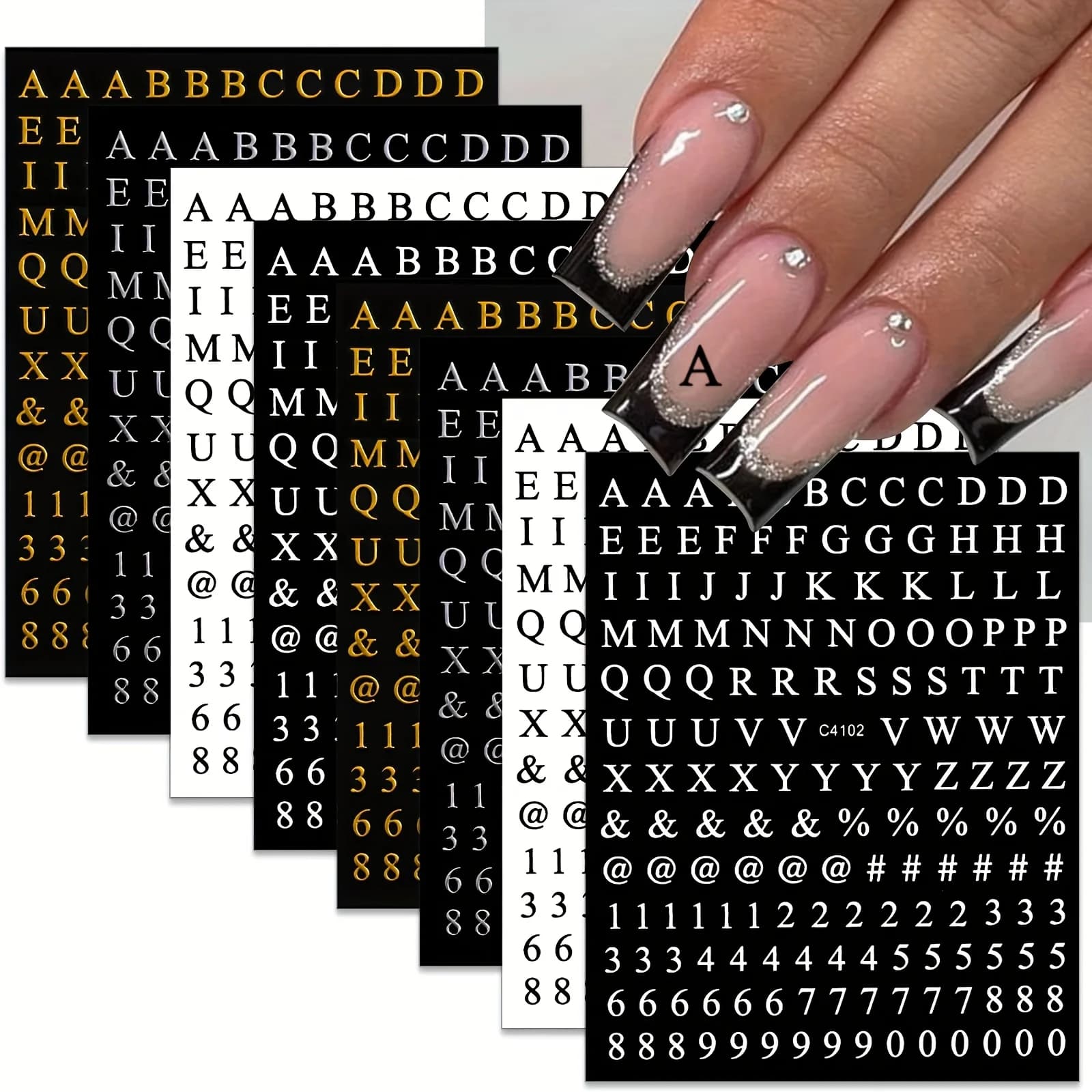 8 fogli lettere adesivi per nail art numero decalcomanie per unghie autoadesivo lusso oro argento alfabeto inglese adesivo per unghie nero bianco