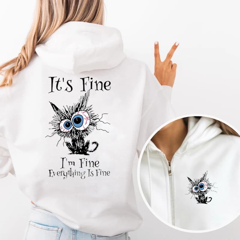 Harajuku Hoodie Women's Fleece Zip Hoodie Everything Is Fine Black Cat Printed Zip Up Casual Sweatshirt Street Wear Y2k Clothes