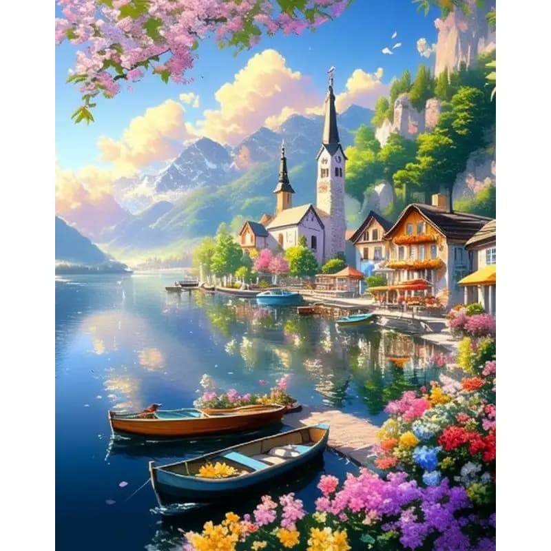 PhotoCustom Full Round Diamond Embroidery River Architecture 5d Cross Stitch Landscape Kit Handmade Unique Gift Art Wall Decor