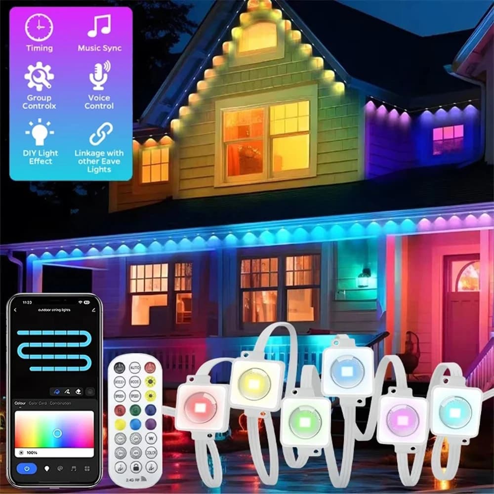 Outdoor Lights Waterproof IP67, Smart RGB+IC Eaves LEDLights with App&Button Control,forHouseRoof,Garden,Christmas,Party Decor