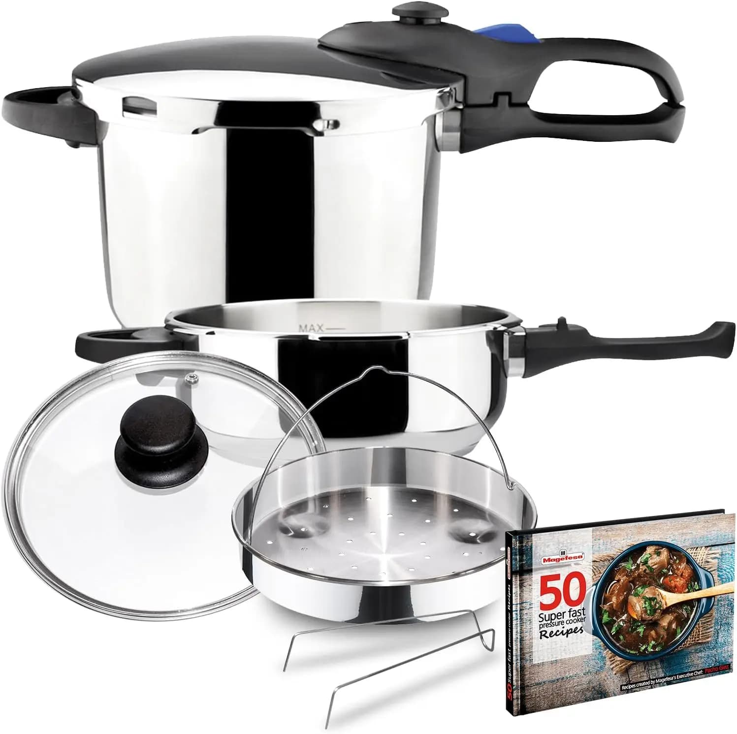 Set di Pentole a Pressione Premium in Acciaio Inox, 3,2 e 6,3 Litri, Compatibile con Induzione, Base Diffusore di Calore e 5 Sistemi di Sicurezza