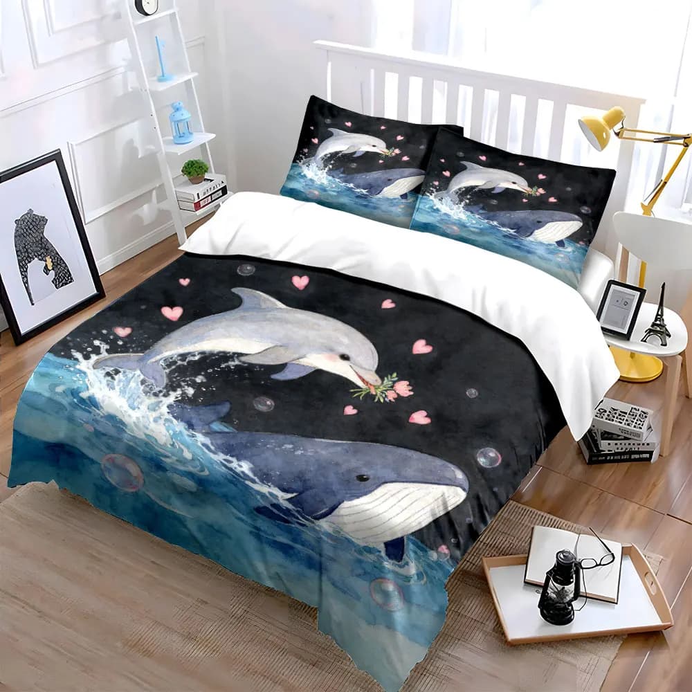 Set decorativo con balene e delfini, set di biancheria da letto morbido e confortevole, include 1 copripiumino e 2 federe, regalo