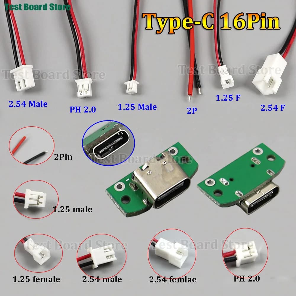 5/10 Pezzi Connettore Femmina Type-C a 16 Pin con Cavo USB Maschio da 1.25/2.0/2.54mm, Terminali Elettrici per Saldatura Fai-da-Te, Cavo di Ricarica per Scheda PCB