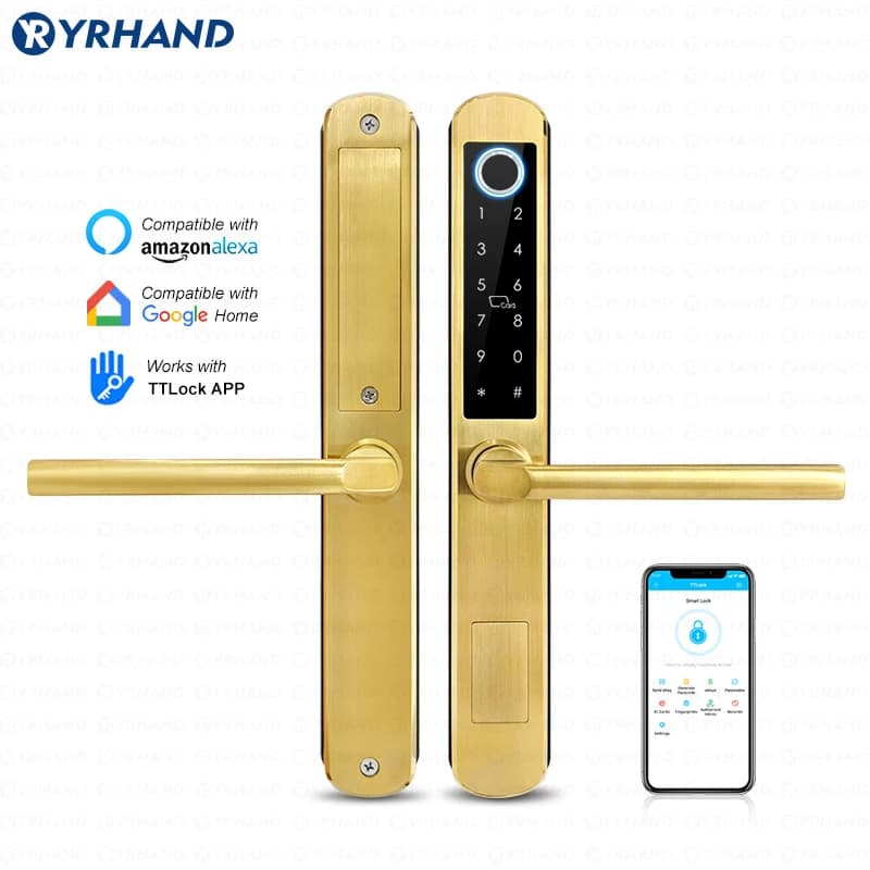 App Ttlock Smart Lock in vetro scorrevole in acciaio inossidabile dorato IP66 con Google Home Serratura digitale elettronica con impronta digitale Aleax