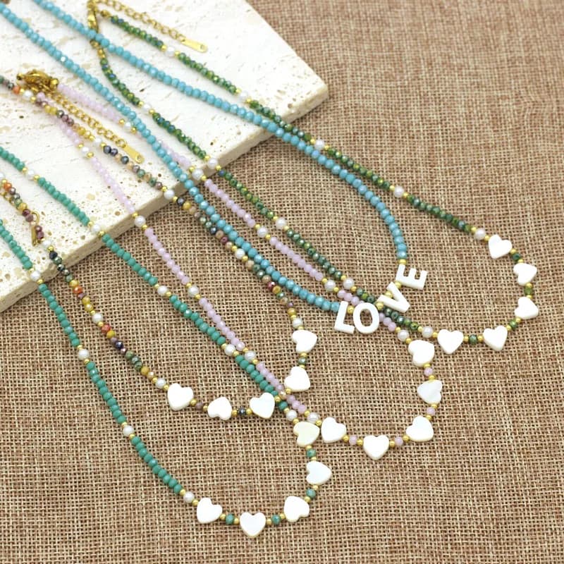 Bohemian Style Crystal Bead Necklace For Women Trendy Shell Letter Love Pendant Retro Collarbone Chain Lovely Choker For Gifts