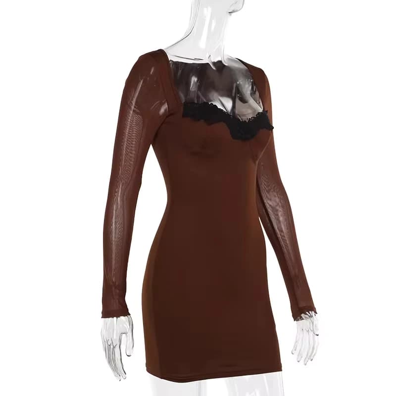 Abito da notte sexy in pizzo aderente per donna, abiti alla moda per discoteca, vestiti a maniche lunghe, streetwear per donna