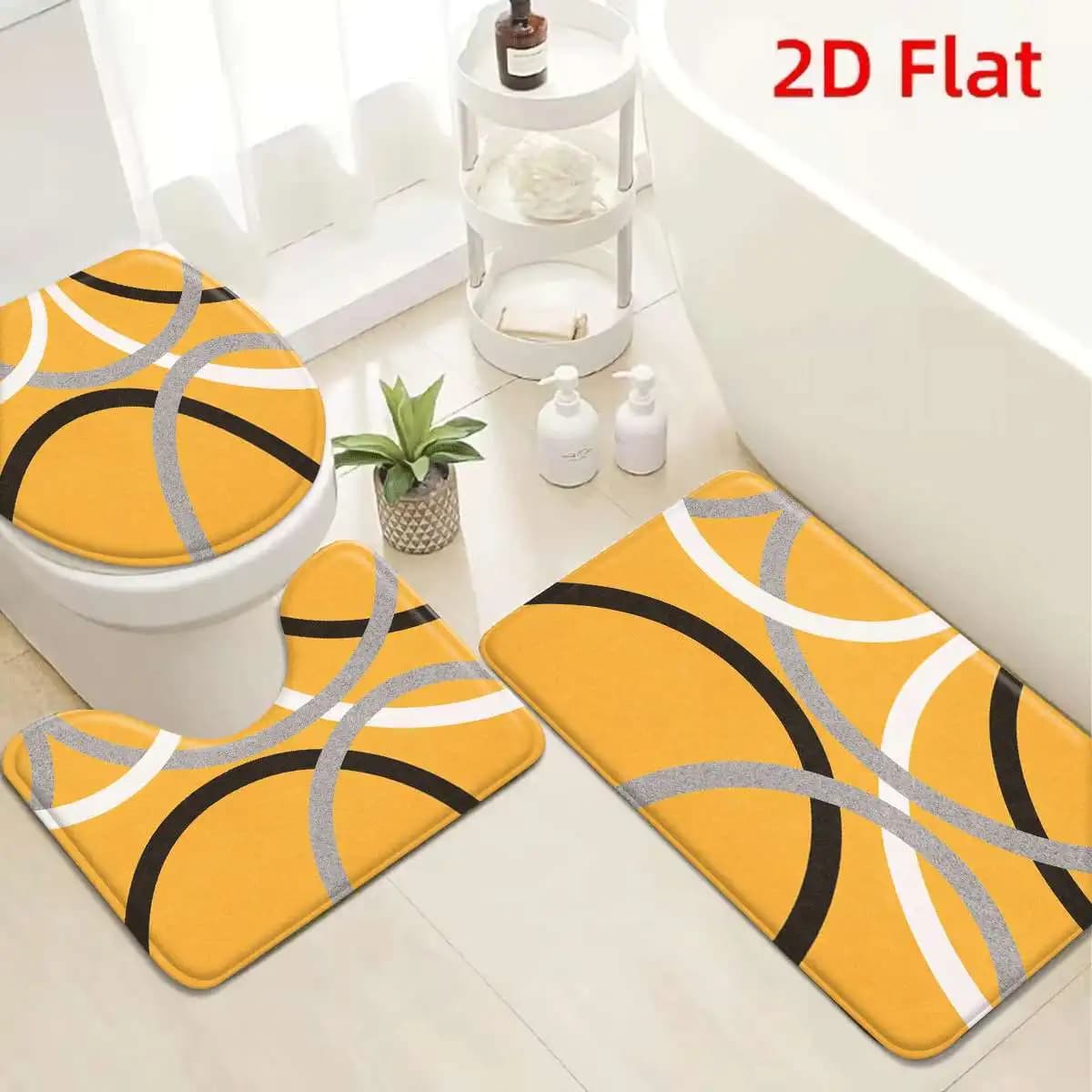 Set 3 Pezzi Tappetino da Bagno Astratto Giallo Nero Bianco Grigio, Antiscivolo e Assorbente, con Copri Coperchio WC, Lavabile in Flanella