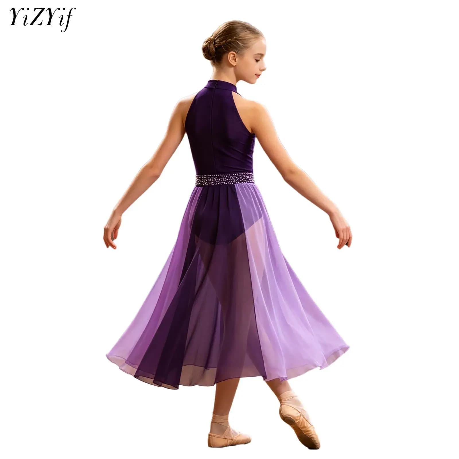Girls Modern Lyrical Dance Dress Ballet Figure Skating Rhythmic Gymnastics Costume Sleeveless Shiny Rhinestones Chiffon Leotard