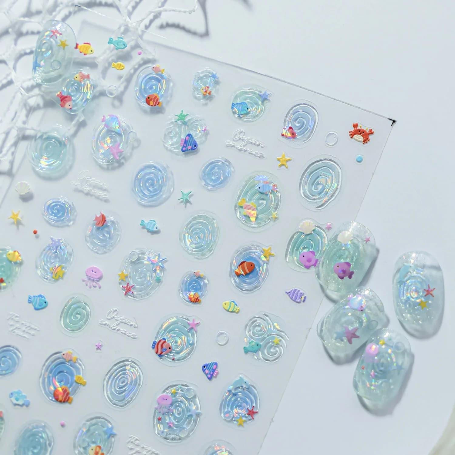 Adesivi per Unghie 5D Tema Oceano Estivo, Decorazioni per Manicure con Pesci Colorati, Bolle, Stelle Marine e Piccoli Polpi