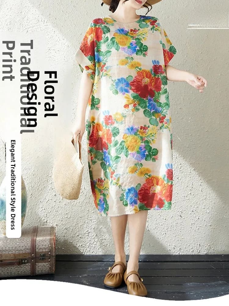 plus Size Cotton Linen Short Sleeve Dress Casual Loose Summer Thin Mm Meat Conceal Slimming mid Length Skirt for Women