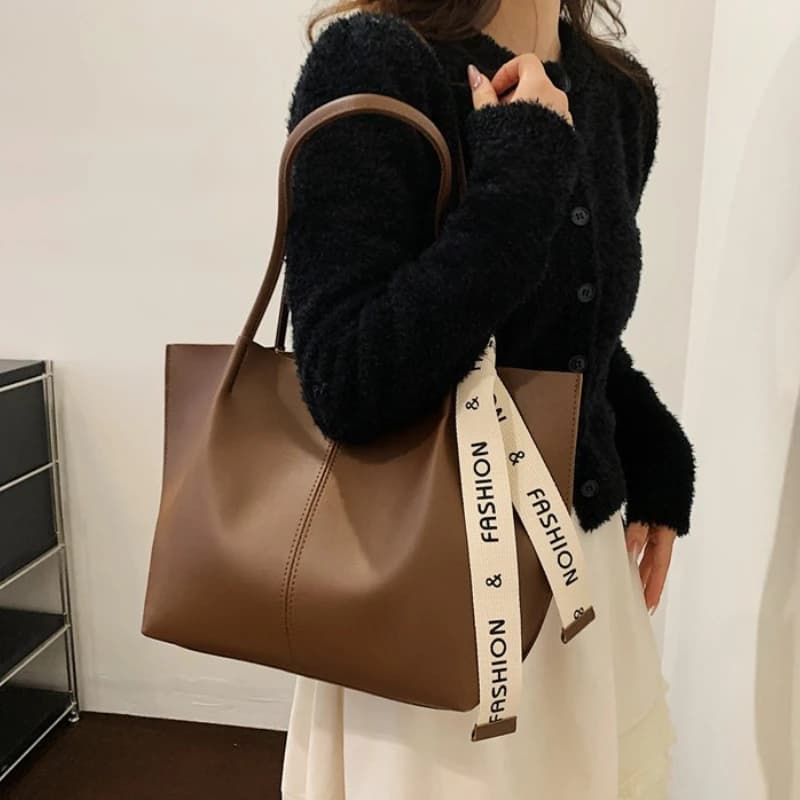 Fashion Minimalist Tote Bag with Decorative Chic Ribbon Spacious Large Capacity Faux Leather Shoulder Purse for Everyday Commute