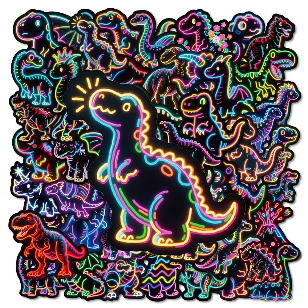 50 pezzi simpatici adesivi dinosauro animale stile neon vinile impermeabile per custodia per telefono portatile notebook bottiglia d'acqua adesivi fai da te