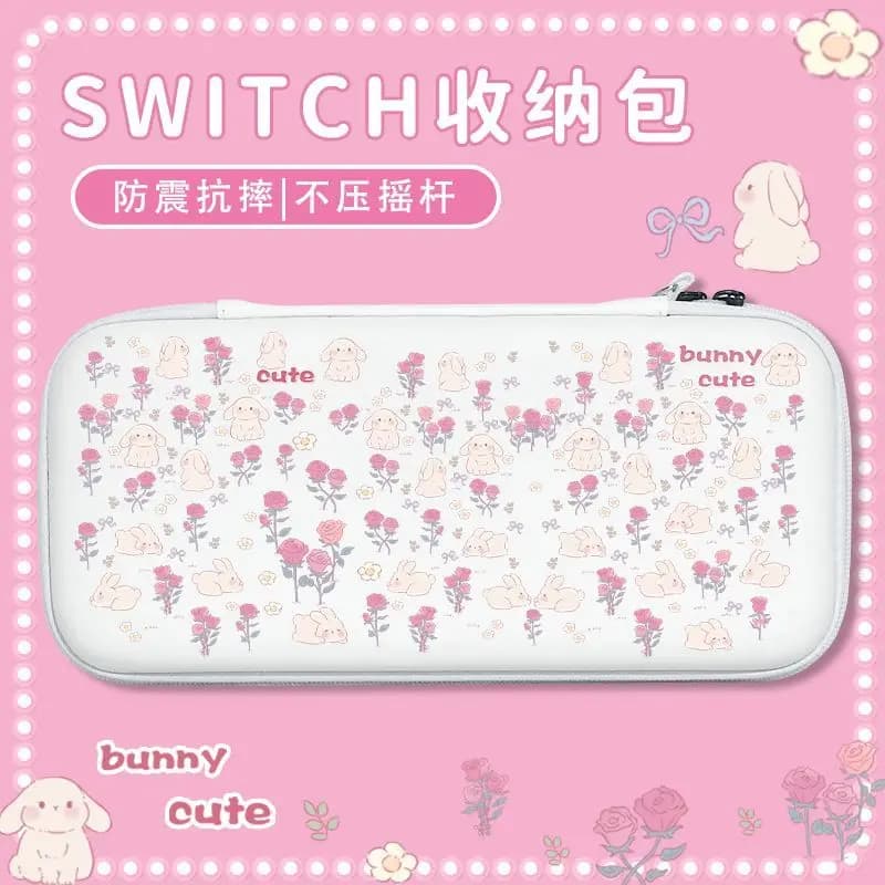 Custodia da trasporto per Switch OLED / Switch 2 con motivo coniglietto e rose, borsa protettiva rigida leggera da viaggio, accessori gaming