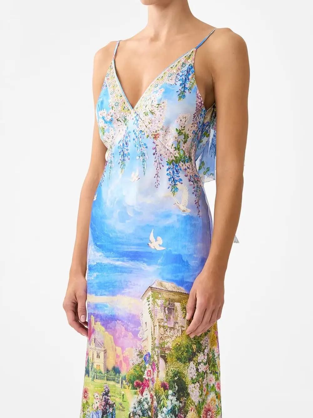 Abito lungo da donna 2026 in seta 100% con stampa a pittura a olio, scollo a V, senza maniche, senza schienale, vita alta, con perline di cristallo, per le vacanze