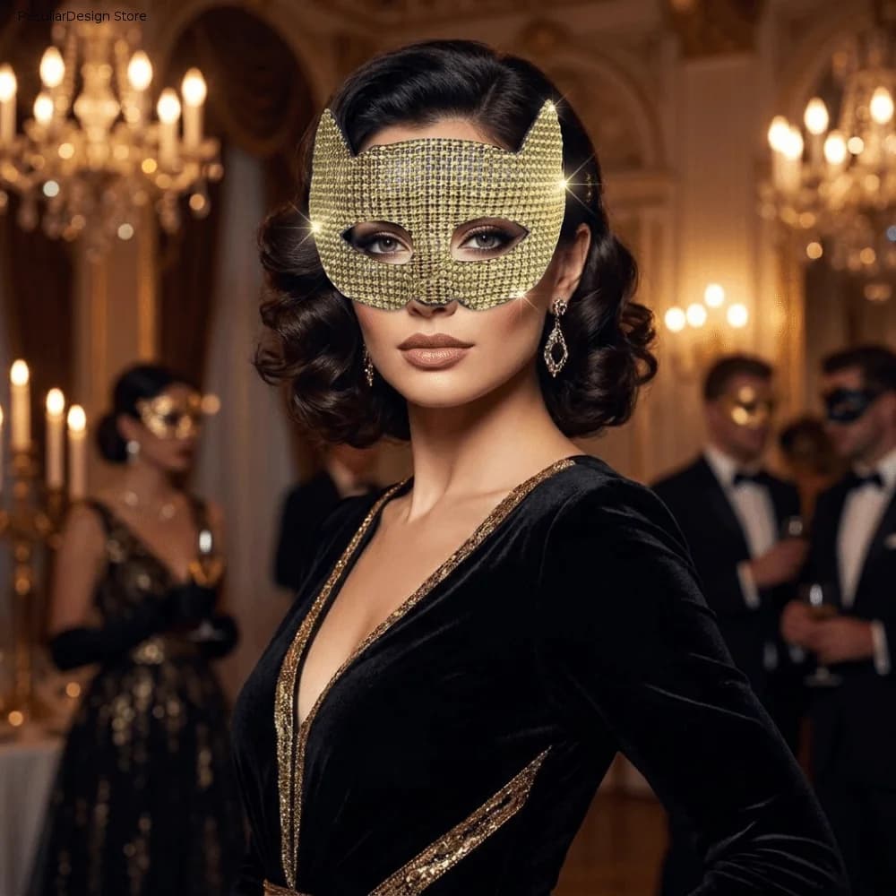 Halloween Mask in Plastic Chic, Sparkling Mask with Cat Earrings, Light Mask with Eye Strass, Party Costume in Mask