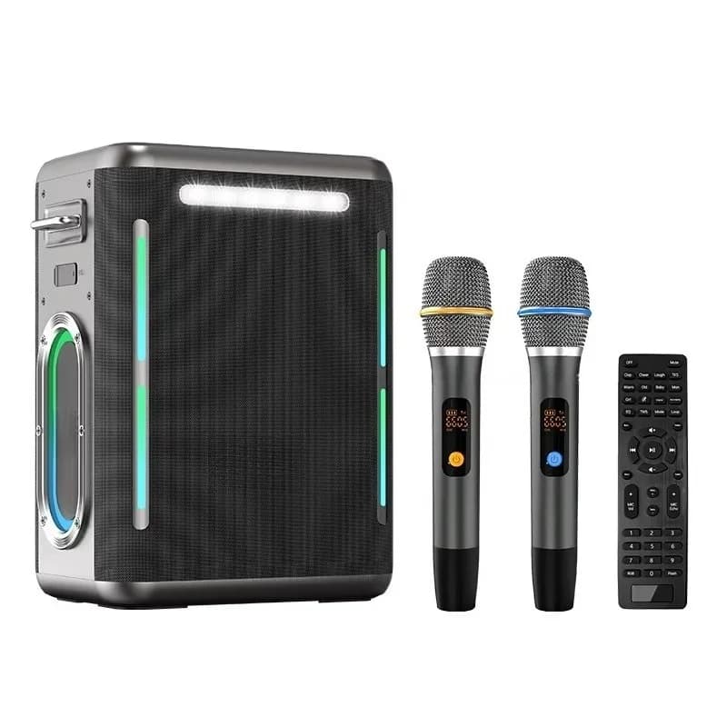 Portable Wireless Speaker Karaoke Machine with Two Wireless Microphones, PA System with Remote Control, RGB, TWS, USB Power Bank