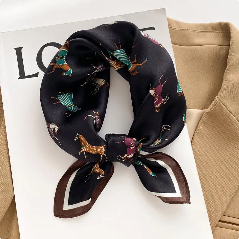 Luxury Equestrian Print Silk Square Scarf Anti Fray Neck Decor Hairband Suit Pocket Towel All Season Daily Travel Accessory