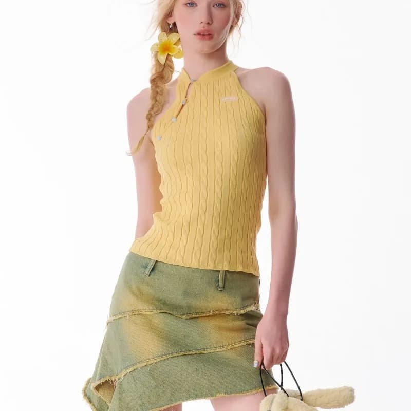 Top Giallo da Donna in Maglia a Treccia con Collo alla Coreana e Bottoni a Rana, Canotta Senza Maniche in Maglia