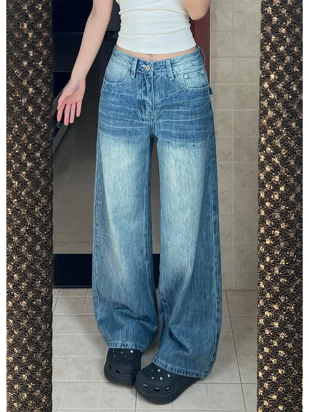 Jeans Slim Fit Vintage Lavati a Gamba Larga, Vita Alta, Taglio Dritto, da Donna, Estivi 2026, Casual, Comodi, in Denim Anti-Piega