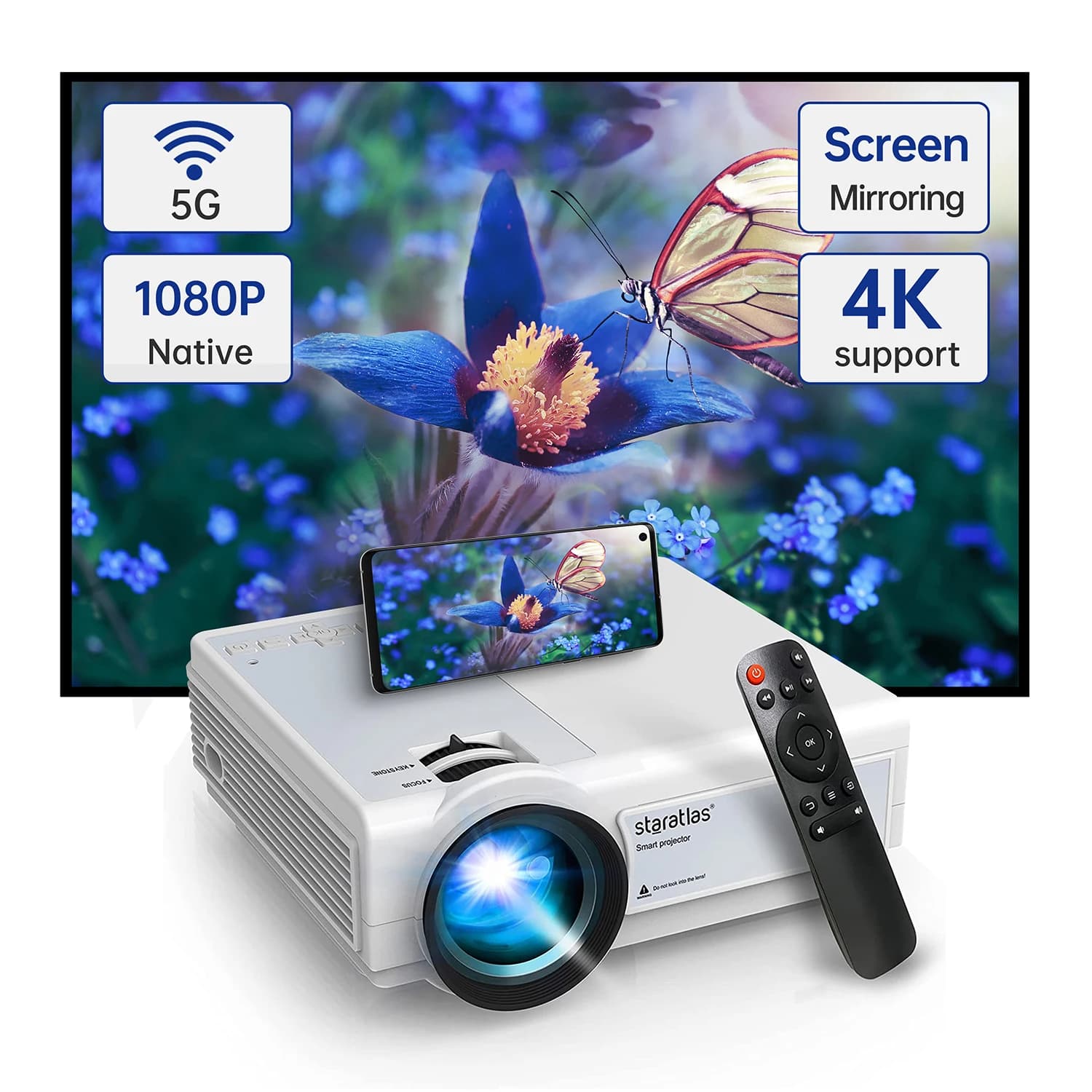Proiettore 4K con Wifi e BT5.0, Mini proiettore nativo portatile 1080p per proiettori esterni Iphone per sala riunioni Home Cinema
