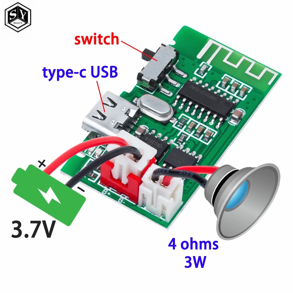 4 OHMS 3W Mono Bluetooth Power Amplifier PCBA Battery Charging Function 3.7V Lithium Battery Bluetooth Module
